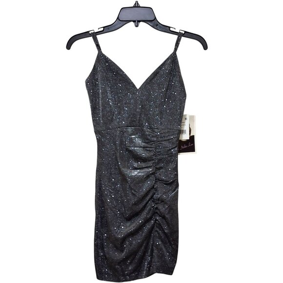 Love Nicki Lew Gunmetal Glitter Ruched Mini Bodycon Cocktail Dress XS Event - Picture 1 of 8